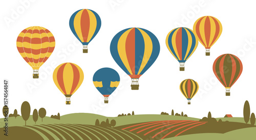 Colorful Hot Air Balloons Floating Above a Landscape Vector Illustration.