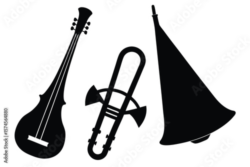 Silhouettes of a sitar trombone and trumpet bell on white