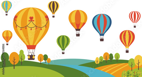 Colorful Hot Air Balloons with Striped Patterns and Decorative Elements in the Sky.