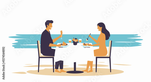 Couple Enjoying Romantic Beachfront Dinner with Champagne and Seafood.