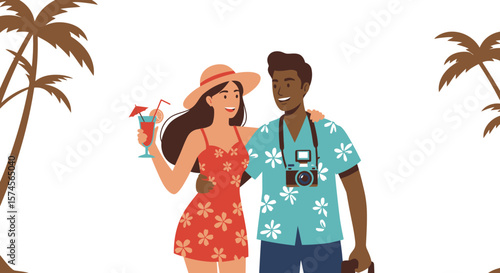 Happy Couple on Vacation with Cocktail and Camera Floral Outfits.