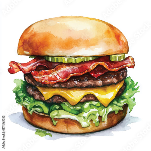 Watercolor depiction of a delicious double cheeseburger with bacon and pickles
