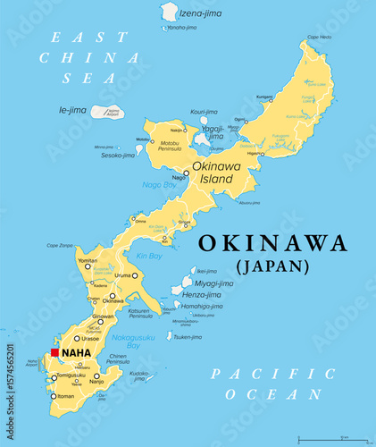 Okinawa Island, Japan, political map. One of the five main islands of Japan, and largest of the Okinawa Islands and the Ryukyu islands in the Kyushu region, with the capital Naha. Illustration. Vector