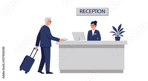 Man with Suitcase at Hotel Reception Desk Handing Documents to Receptionist.
