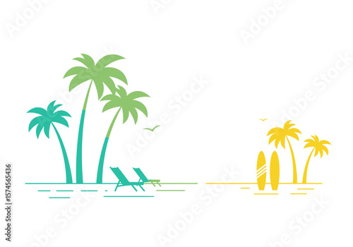 Minimalist Beach Scene with Palm Trees Surfboards and Deck Chairs in Green and Yellow.