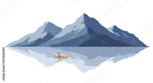 Mountain Landscape with Kayaker on Reflective Water Minimalist Vector Illustration.