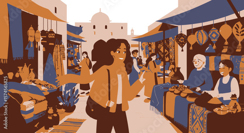 Smiling Woman with Brown Curly Hair Exploring a Middle Eastern Market.