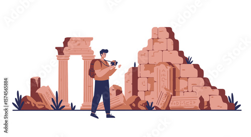Tourist with Camera at Ancient Ruins Exploring Historical Site Travel Photography.