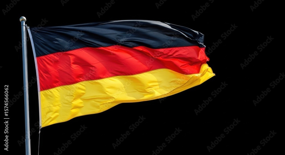 The German flag waves proudly on its pole against a stark black background showcasing the national colors in vivid detail The German flag waves proudly on its pole against a stark black background showcasing the national colors in vivid detail