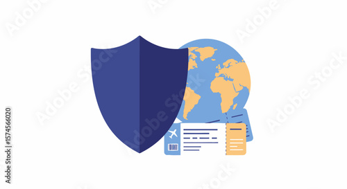 Travel Insurance Shield with Globe and Tickets Protection Concept.