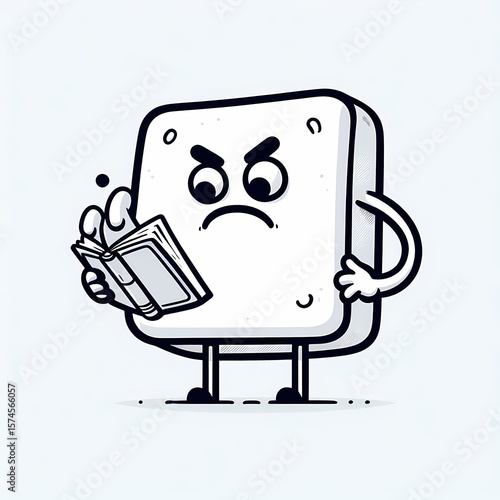 Grumpy Square Character Reading Book, Black and White Illustration