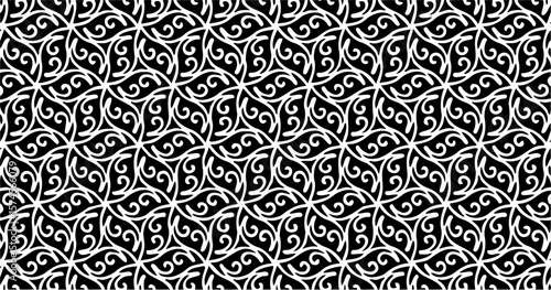 Seamless black and white pattern with elegant floral swirls, creating a classic and decorative design for backgrounds or textile prints.
