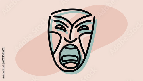 Illustration of a theatrical mask with an open mouth and angry expression in black outline