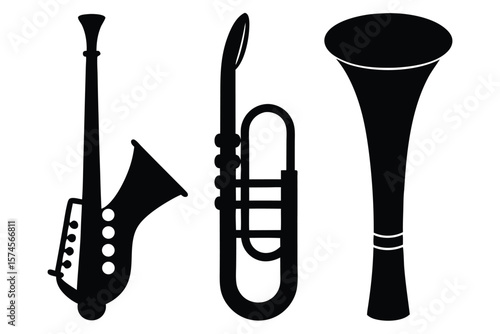 Silhouette of a saxophone trumpet and bugle on a white background