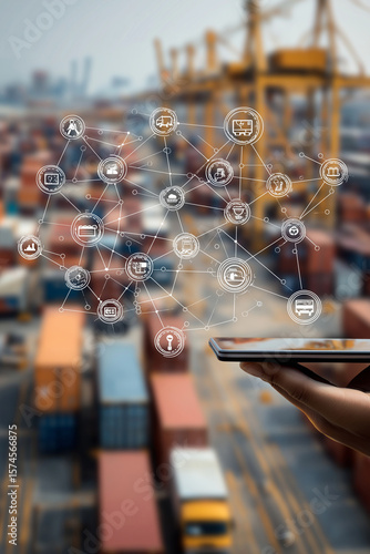 Digital network overlay connects various logistics icons over busy shipping port, illustrating integration of technology in supply chain management