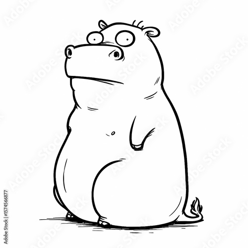 Cartoon Hippo with a Curious Expression, Black and White Artwork