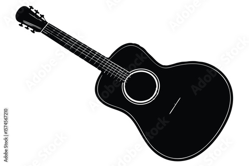 A sleek black silhouette of an acoustic guitar on a white background
