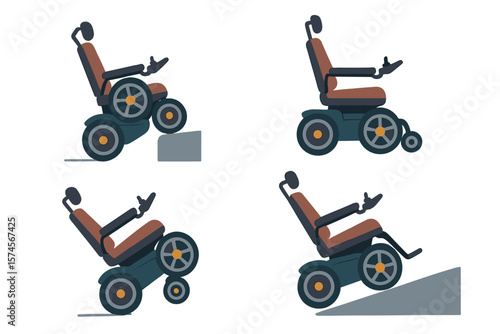 Illustrations of a powered wheelchair navigating obstacles and changes in terrain effectively