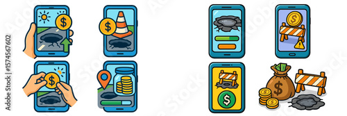 Mobile app showcases pothole reporting and reward system for urban maintenance in a modern city environment