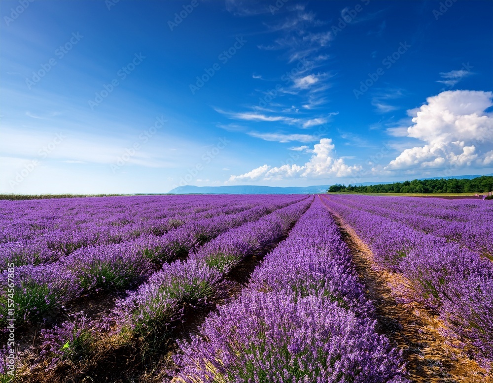 Fototapeta premium vibrant field of purple lavender flowers stretches under bright blue summer sky creating peaceful and colorful natural scene