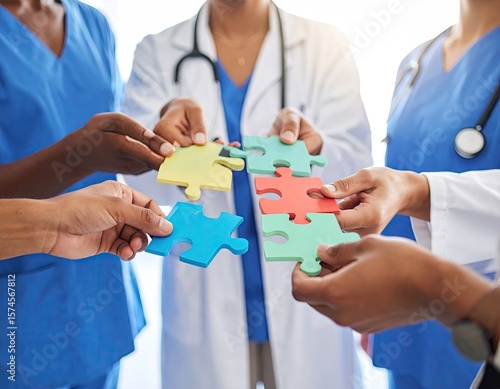 Diverse medical team collaborates on puzzle pieces