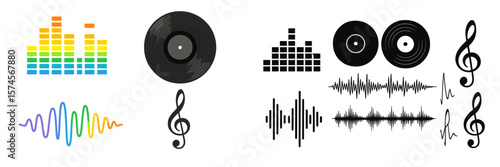 Musical elements including sound waves, vinyl records, and audio visualizers create an engaging representation of the music experience