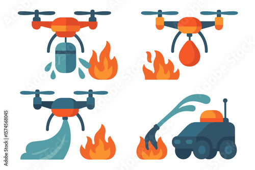 Illustration of firefighting drones in action during emergency response scenarios at a wildfire site