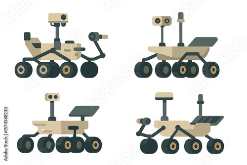 Various robotic rovers designed for planetary exploration, showcasing distinct features and functionalities in a colorful display