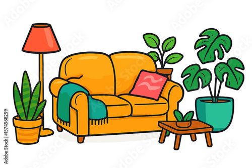 Cozy living room setup featuring a bright yellow couch, plants, and a warm lamp in a modern illustration style