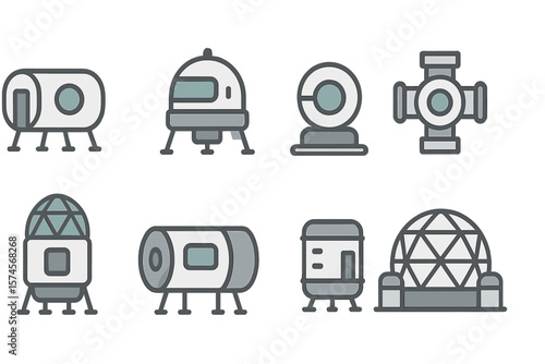 Collection of futuristic habitat designs for space exploration and colonization at different stages