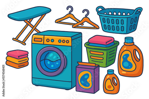 Colorful laundry equipment displayed in an organized laundry area with various cleaning supplies, baskets, and an ironing board