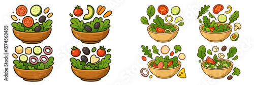 Colorful salad illustrations showcasing various fresh ingredients in wooden bowls for culinary inspiration