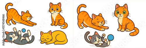 Colorful cartoon cats in playful poses, showcasing various expressions and activities such as stretching and playing with toys