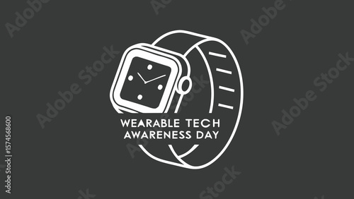 Modern Smartwatch Illustration: Wearable Tech Awareness Day; Minimalist White Line Art on Dark Gray Background;  Clean, Simple Design; Technology Concept;  Health and Fitness Theme.
