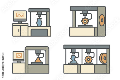 3D printing technology showcased in various designs and setups for modern manufacturing processes