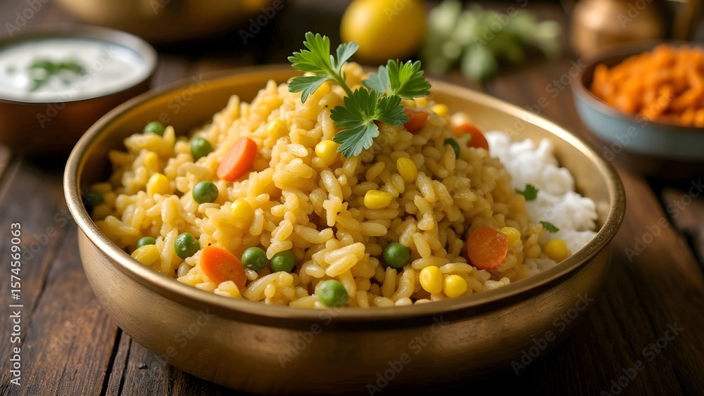 A vibrant, golden-hued dish with vegetables and rice, garnished with fresh herbs, served in a copper bowl. A vibrant, golden-hued dish with vegetables and rice, garnished with fresh herbs, served in a copper bowl.