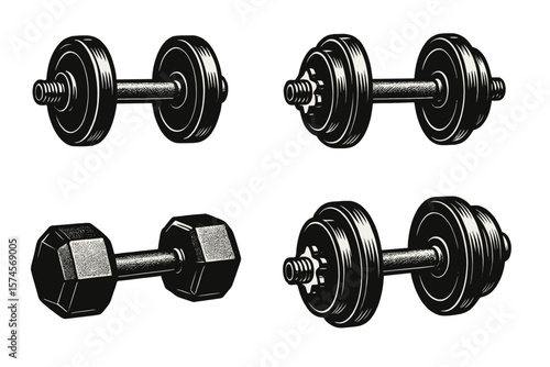 Various styles of dumbbells for strength training displayed in a fitness setting