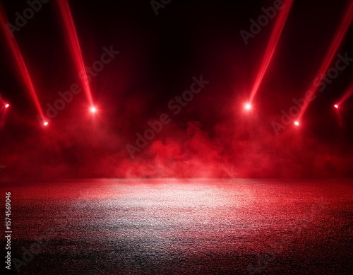 the dark stage shows red background an empty dark scene neon light spotlights the asphalt floor and studio room with smoke float up the interior texture for display products