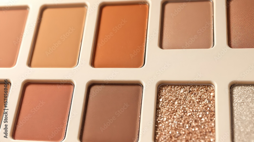 Fototapeta premium Close up shot displaying a palette of various earth tone cosmetic powders with a glittery shimmer selection