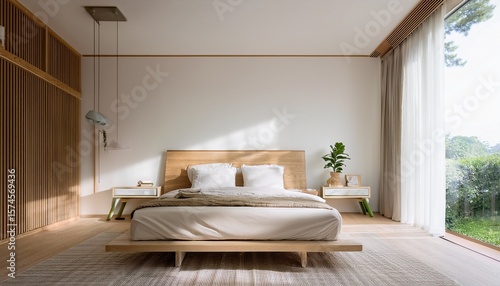 minimal style modern contemporary white bedroom interior with wooden furniture 3d render with large windows natural light shines into the room
