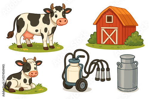 Cute cow and barn illustration with milking equipment and milk jug in a farm setting