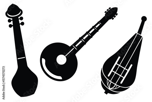 Three traditional stringed musical instruments in silhouette