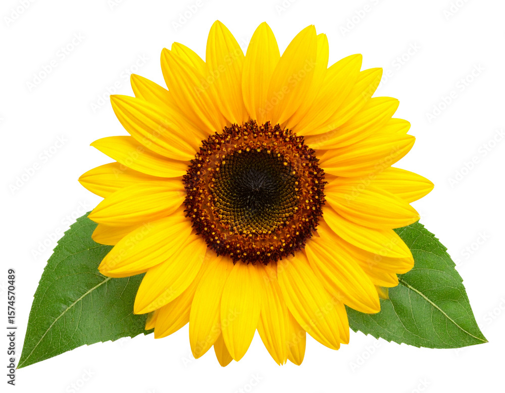 Obraz premium Sunflower Head with Leaves – Botanical Detail 