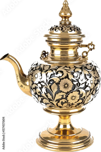 Ornate Golden Teapot – Vector Illustration of Curved Spout Kettle with Black Floral Motif, Chain Handle, and Decorative Finial