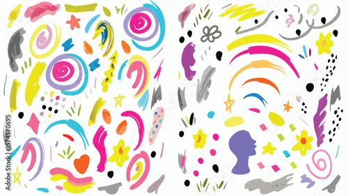 A colorful abstract background featuring swirls, stars, flowers and a human head silhouette art style