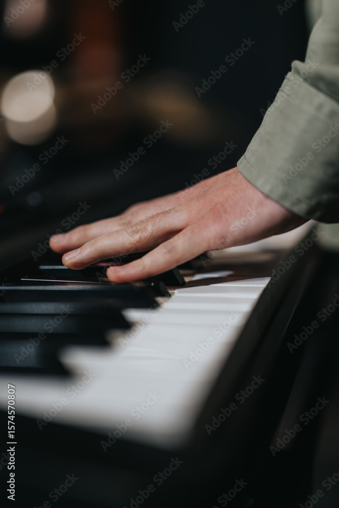 Obraz premium A close-up view of a person playing a piano keyboard during a music rehearsal. Perfect for illustrating musical performance, creativity, and artistic dedication in a practice or concert setting.