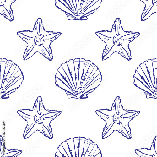 Intricate vector illustration featuring various marine elements. Seamless pattern with seashells, starfish, and mollusks. A decorative ocean-inspired design perfect for textiles and backgrounds.