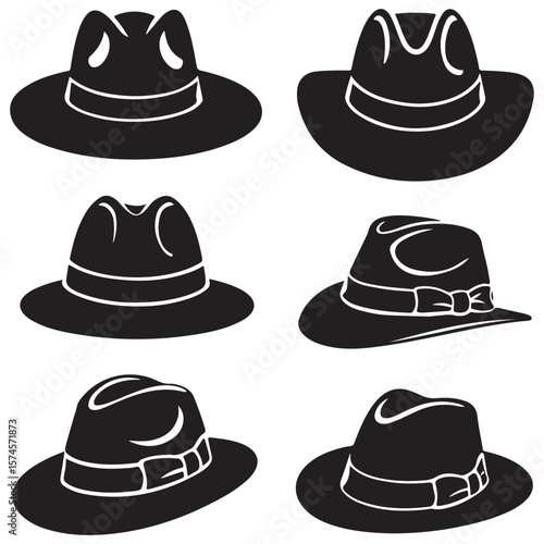 black vector set various fedora hat also outline silhouettes
