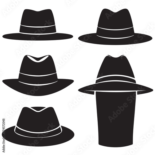 black vector set various fedora hat also outline silhouettes

