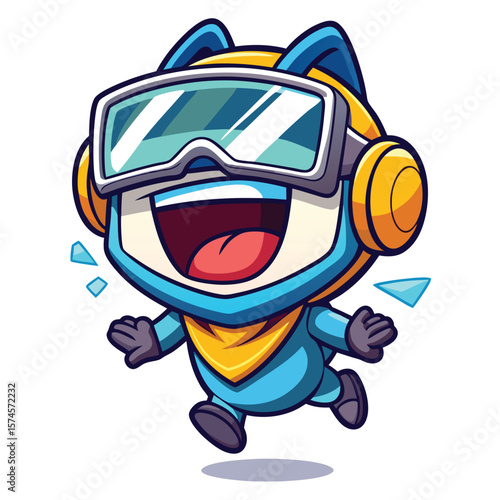 Cartoon character, light-blue,  wearing goggles and headphones, jumping, with an open mouth and a happy expression